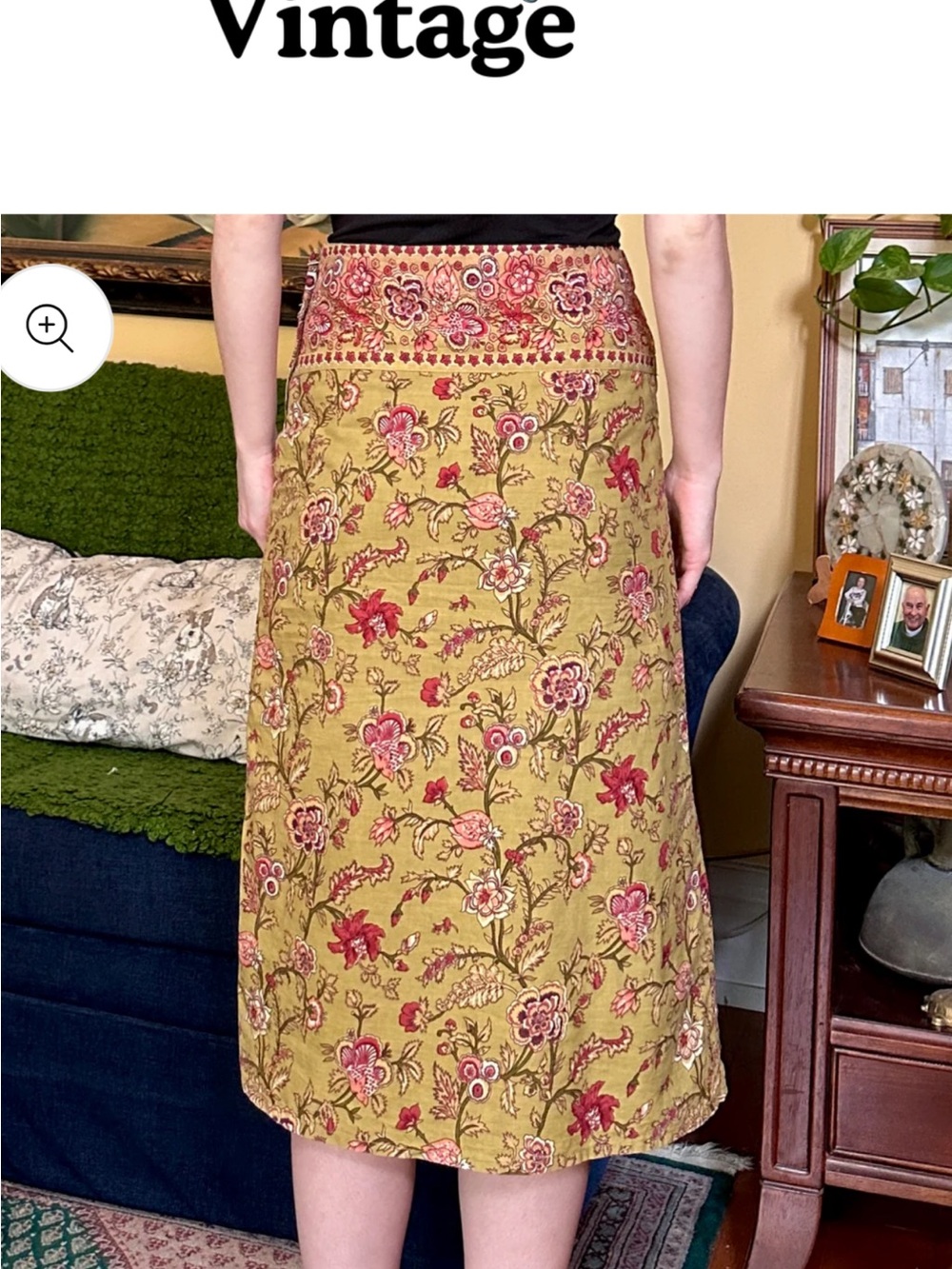 Chaudry KC Sample Embellished Floral Midi Skirt Olive Pink Beaded Boho Small NWT - Picture 2 of 14